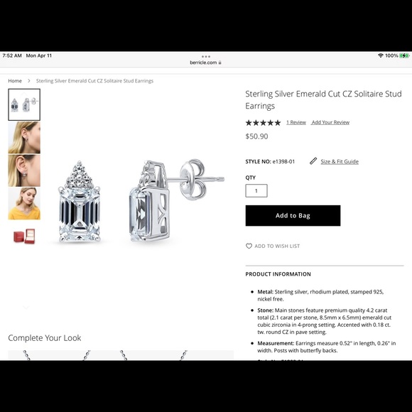 Emerald cut cz earrings. About 2cts. each. Sterling silver setting - Picture 2 of 3